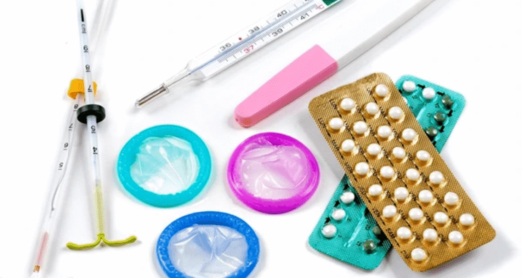 Various contraceptive methods including birth control pills, condoms, IUDs, and pregnancy test illustrating what to expect when stopping birth control.