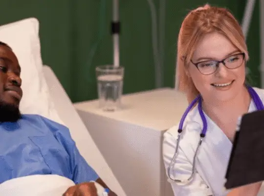 Doctor sharing reliable health information with patient using digital tablet in hospital setting
