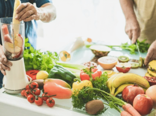 People preparing healthy foods for anti-ageing nutrition with fresh fruits and vegetables to support biological age