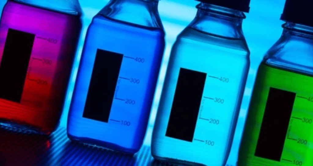 Colorful synthetic food dyes and additives in laboratory bottles showing artificial colors used in processed foods