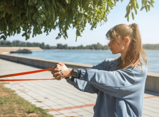 Woman performing resistance band exercises muscle atrophy recovery outdoors by waterfront