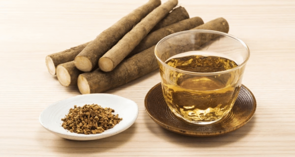 Fresh burdock root sticks with dried pieces and brewed burdock root tea in glass cup on wooden surface