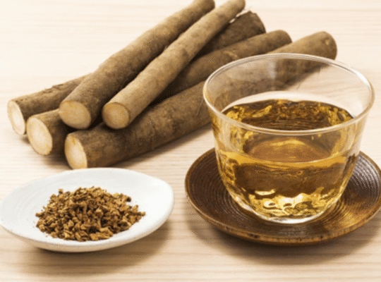 Fresh burdock root sticks with dried pieces and brewed burdock root tea in glass cup on wooden surface
