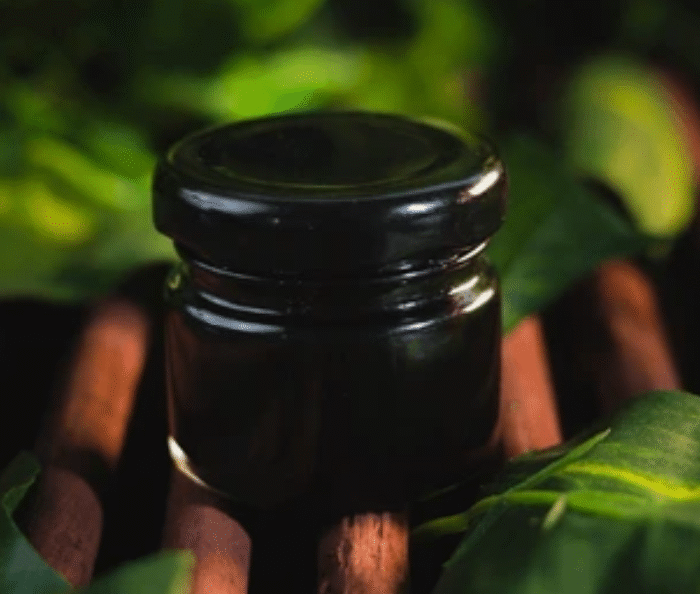 Dark glass jar containing pure shilajit resin surrounded by green leaves on wooden surface