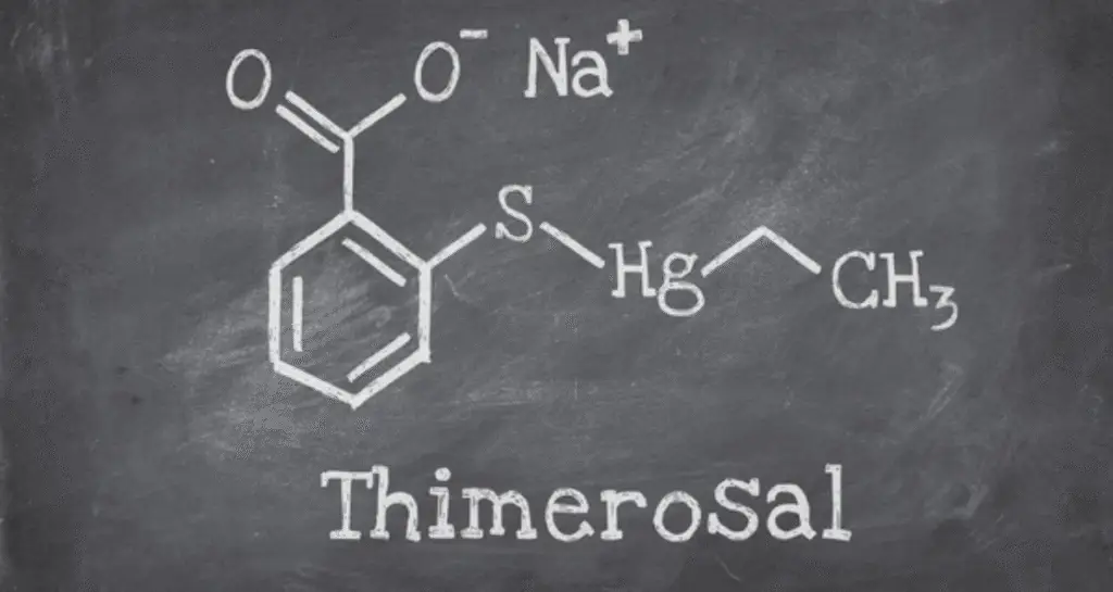 The chemical structure of Thimerosal, a preservative once common in some multi-dose vaccine vials.
