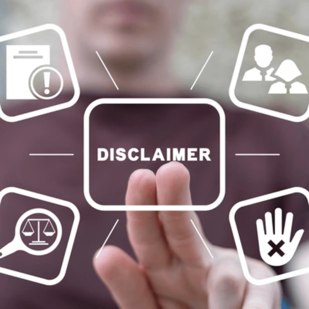 Disclaimer image for a health and wellness website showing legal responsibility and user awareness icons