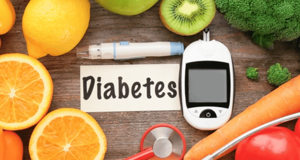 Diabetes management concept with blood glucose meter, healthy foods, and stethoscope showing foods that affect blood sugar levels