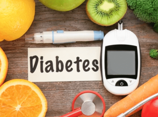 Diabetes management concept with blood glucose meter, healthy foods, and stethoscope showing foods that affect blood sugar levels