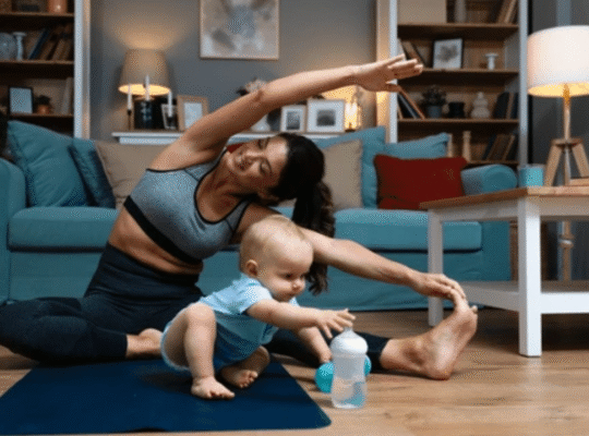 Woman doing postpartum yoga stretches with baby on exercise mat - postpartum weight loss tips for women