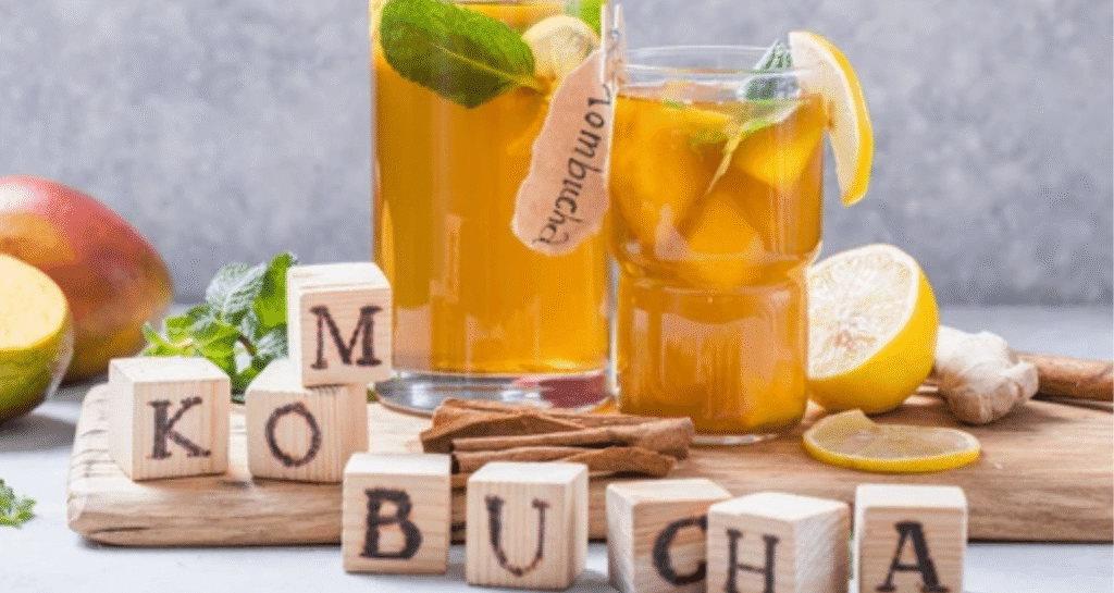 Kombucha drinks in glass jars with wooden blocks spelling KOMBUCHA - fermented tea that may help with bloating relief