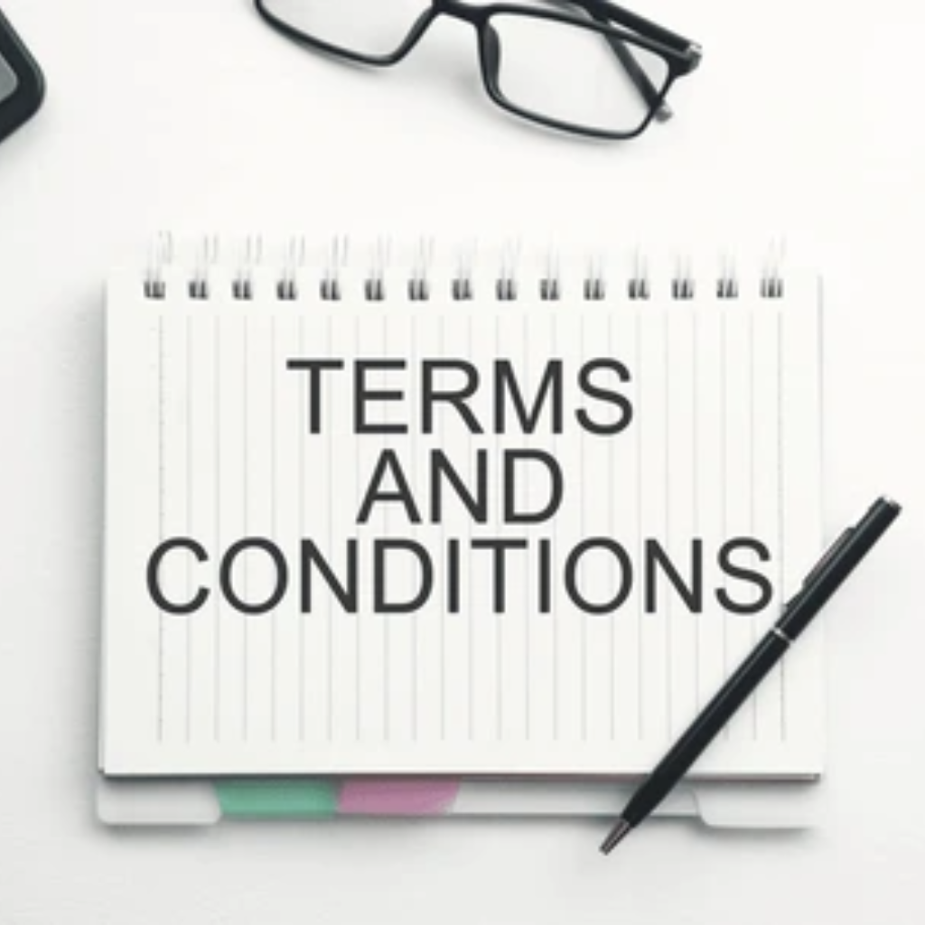 Terms and Conditions document for health and wellness website with glasses and pen